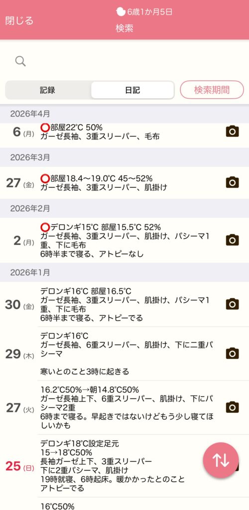 育児アプリに記録した寝室の温度・湿度・寝具のログ