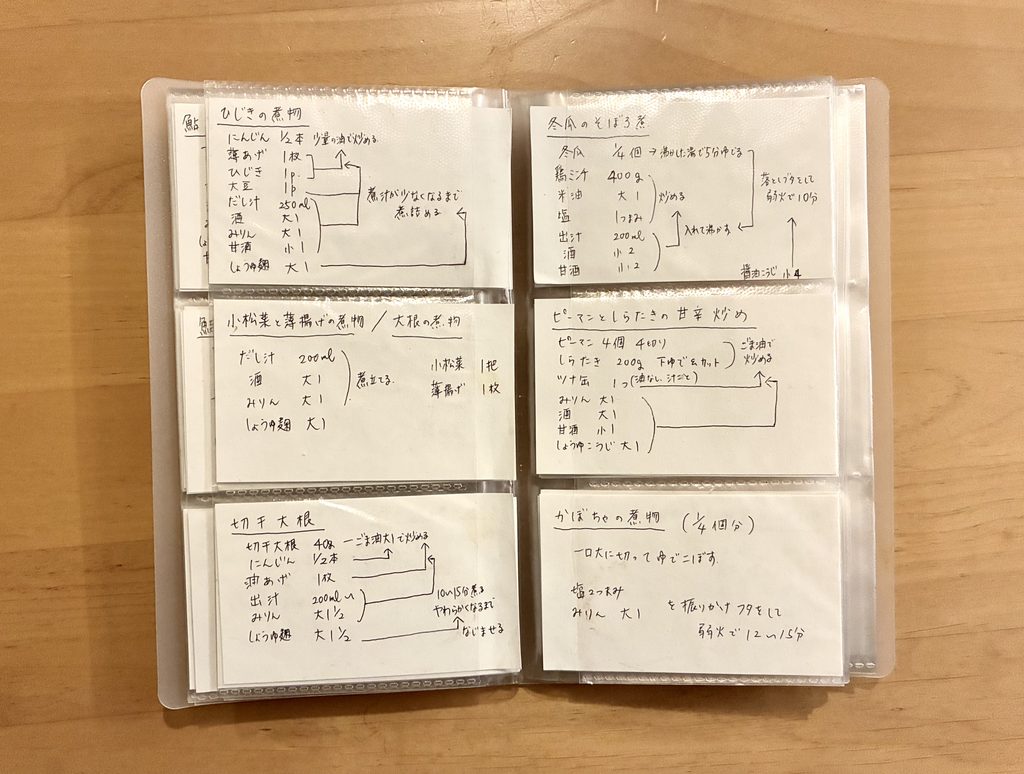 名刺サイズのカードに材料や分量、調理手順を書いた手作りのレシピ帳